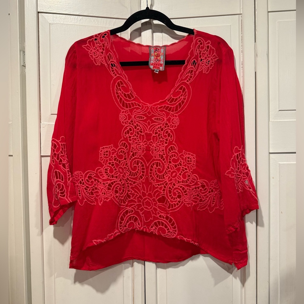 Johnny Was Arlene appliqué top in red size medium like new!